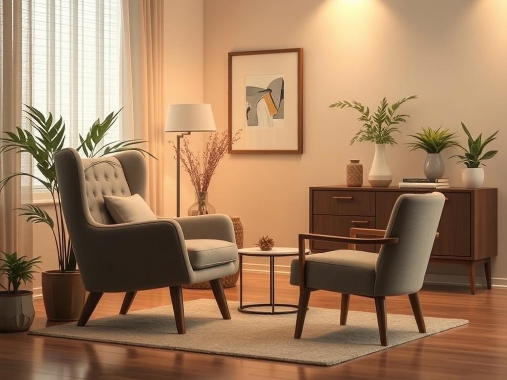 A peaceful coaching environment featuring a comfortable chair, soft lighting, and calming decor. The scene conveys a sense of trust and confidentiality, perfect for personal discussions.