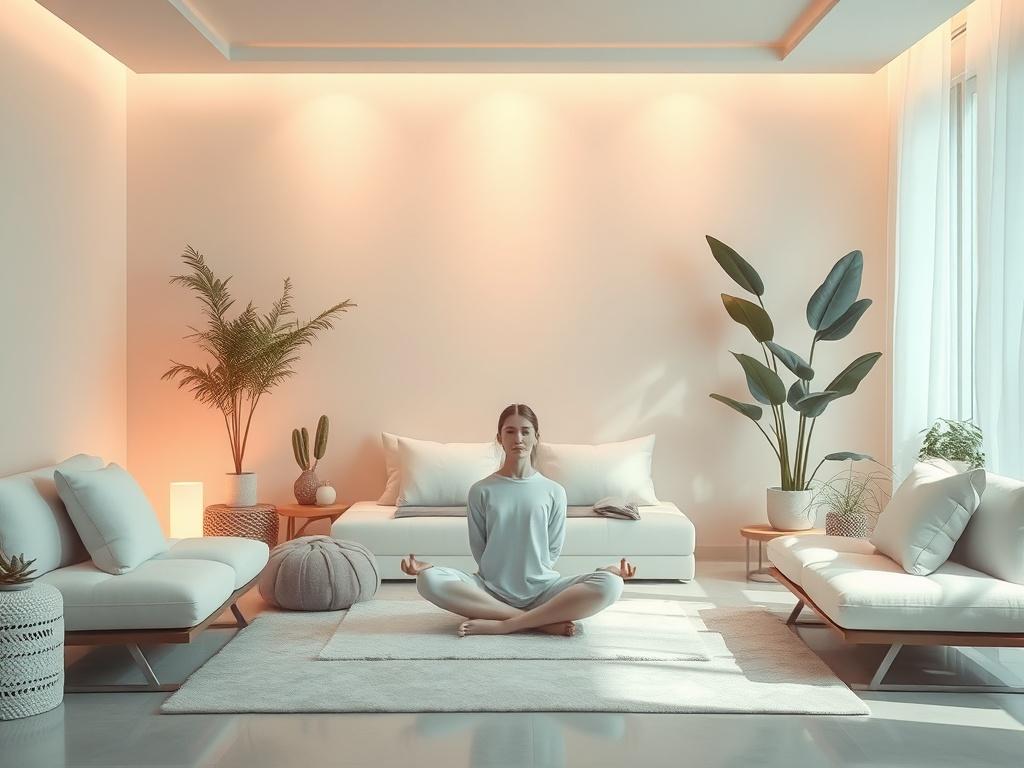 A serene wellness space featuring soft, warm lighting and gentle colors. The setting includes plush seating, calming decor, and natural elements like plants. A single person is meditating peacefully, embodying tranquility and elegance, with a backdrop of soft pastel colors and a subtle glow.