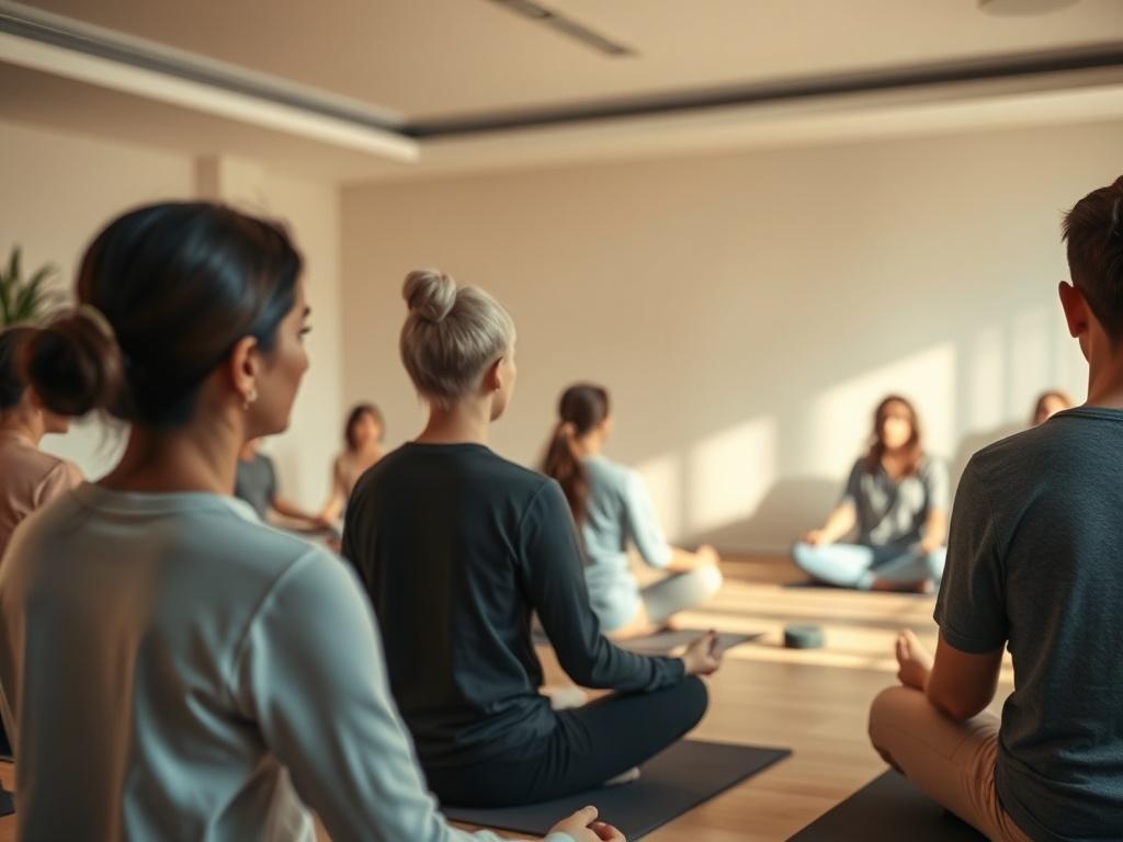 A calm meditation class taking place in a softly lit room, with participants seated comfortably and focused on their breathing. The atmosphere is serene, encouraging a deep sense of relaxation.