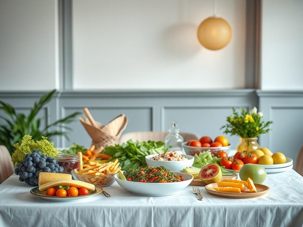 A beautifully arranged table with colorful, healthy meals showcasing a variety of ingredients. The setting should convey a sense of abundance and health, with natural lighting enhancing the colors.