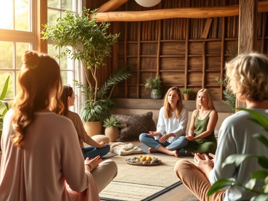 A vibrant workshop environment where participants are engaged in a holistic health session, with a facilitator presenting. The scene includes natural elements and a warm, inviting atmosphere.