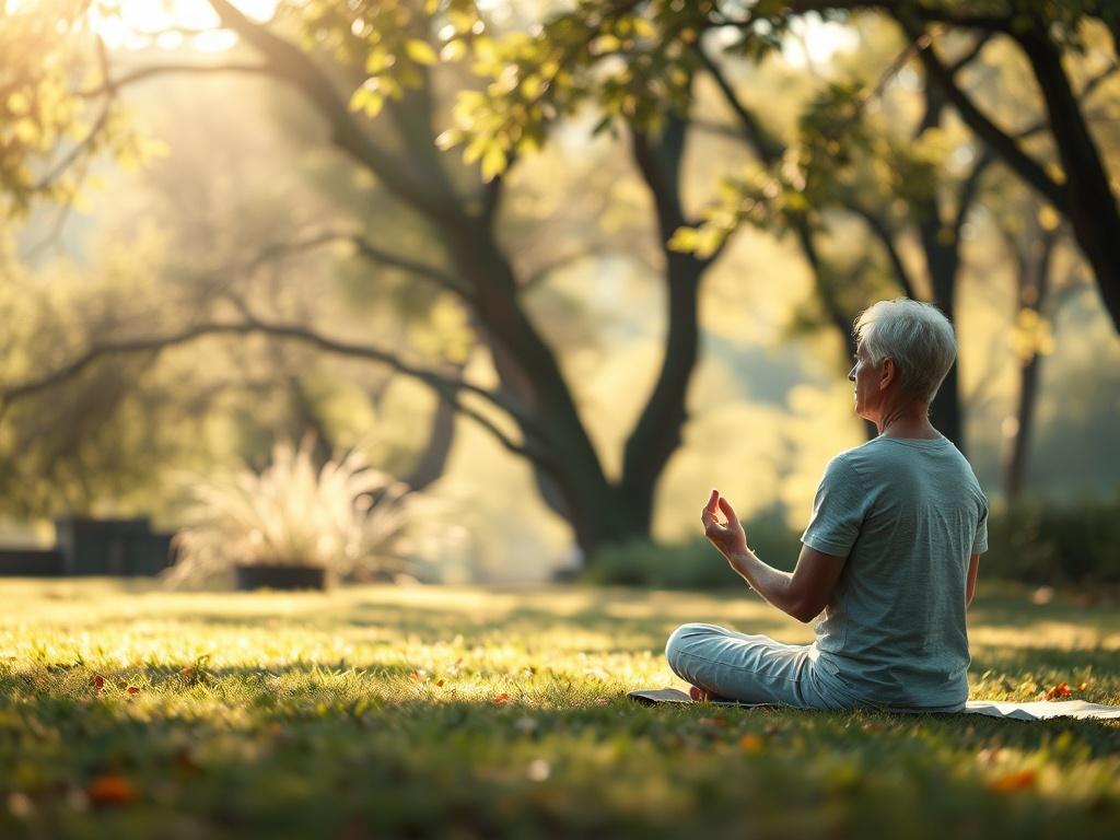 A peaceful scene of a person meditating in a tranquil outdoor setting, surrounded by nature. The atmosphere is calm, with soft sunlight filtering through trees.