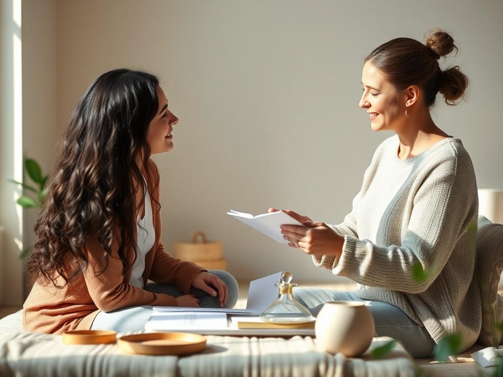 A serene setting featuring a wellness coach and a client discussing a personalized health plan. The background is calming, with soft, natural lighting and a few plants to evoke a sense of tranquility.