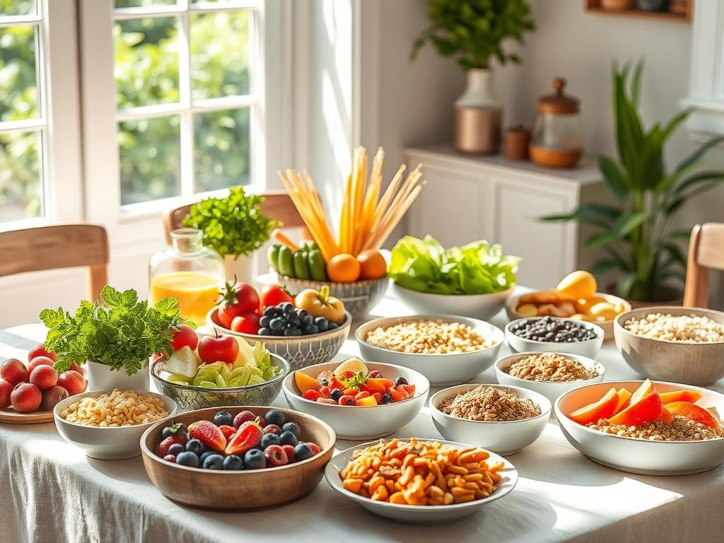 A beautifully arranged table featuring a variety of colorful, healthy dishes, including fruits, vegetables, and grains. The setting is bright and inviting, with natural light streaming in.