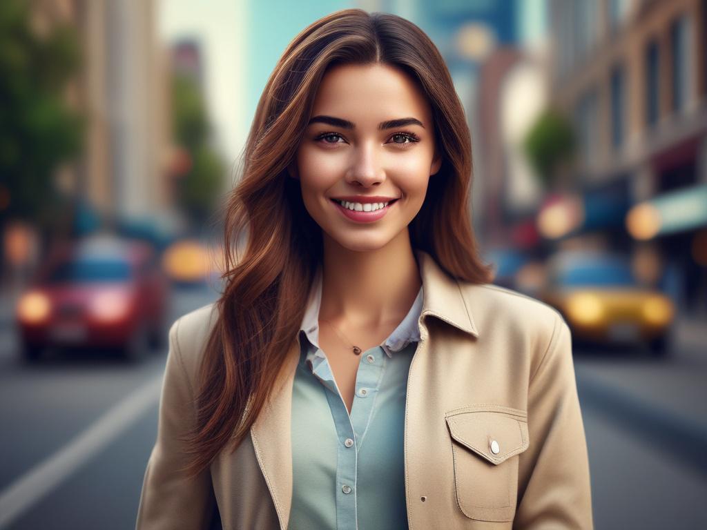 A beautiful young woman in casual chic attire, smiling and