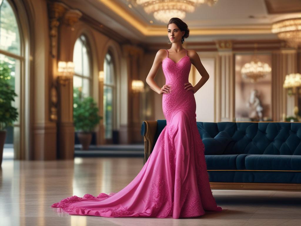 An elegant woman dressed in a stunning evening gown, exuding