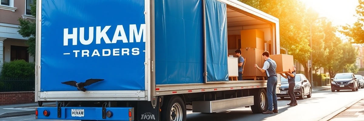 Professional HUKAM TRADERS moving truck loaded with furniture, professional movers securing load
