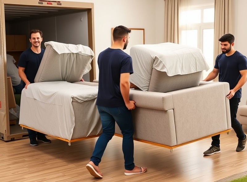 Professional movers carefully loading furniture with protective coverings