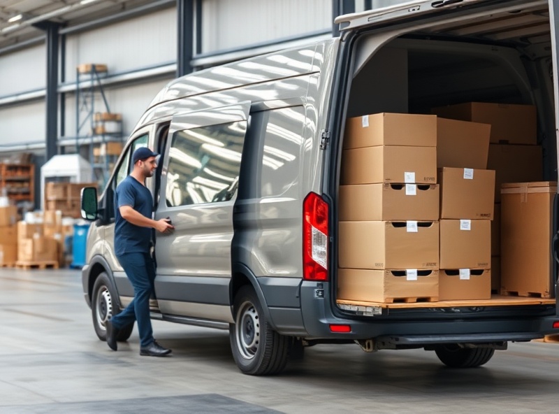 Professional commercial delivery service with moving vehicle at business premises
