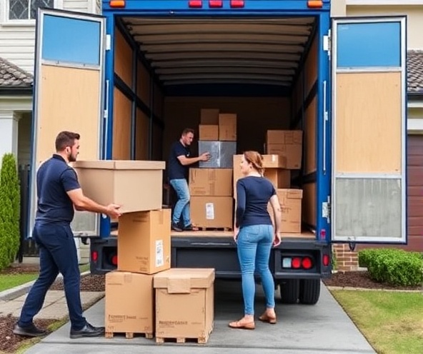 Professional HUKAM TRADERS team loading boxes and furniture with moving tips