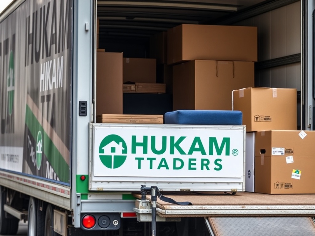 HUKAM TRADERS truck being loaded with furniture and boxes