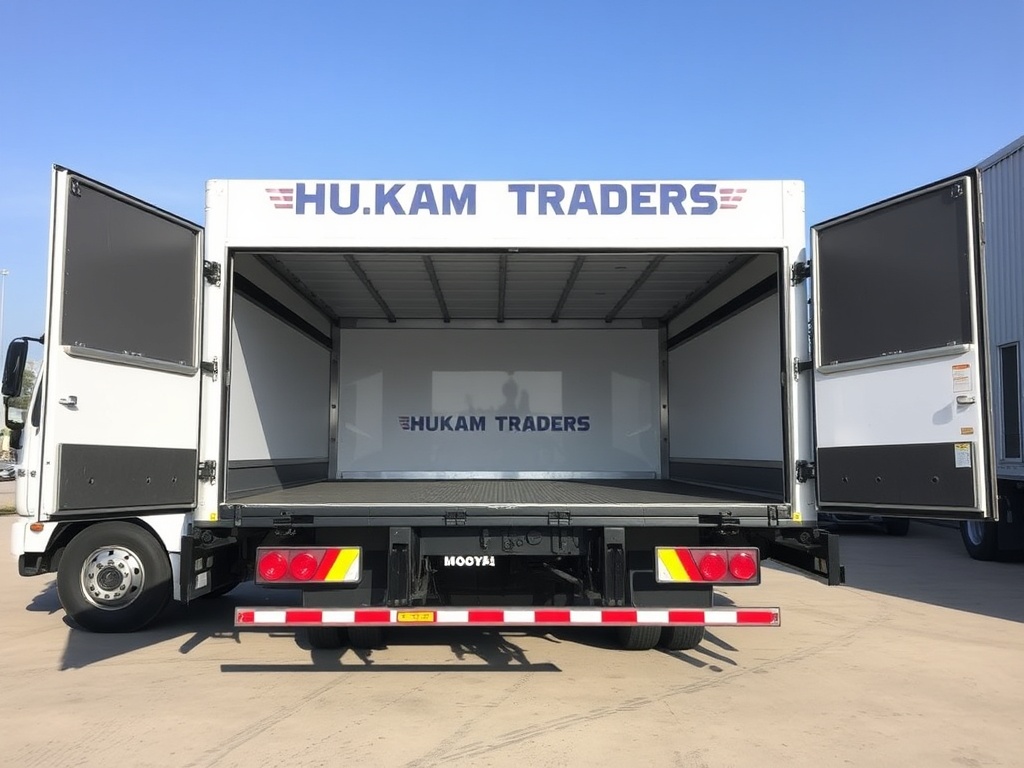 HUKAM TRADERS moving truck with rear doors open showing cargo capacity