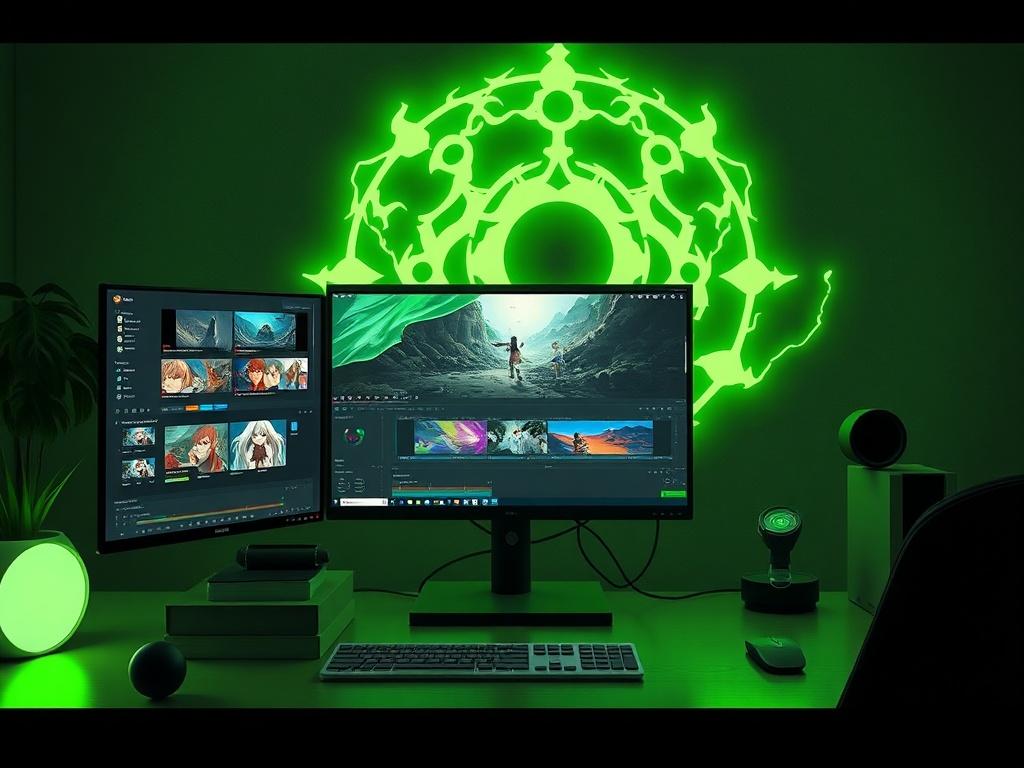 A high-resolution image depicting an editing workspace inspired by Jujutsu Kaisen. The workspace features a sleek computer with editing software open, showcasing anime scenes. Include elements like a glowing cursed energy motif in the background, vibrant green accents, and minimalist design. Focus on the essential elements of creativity in editing, with a clean and organized layout.