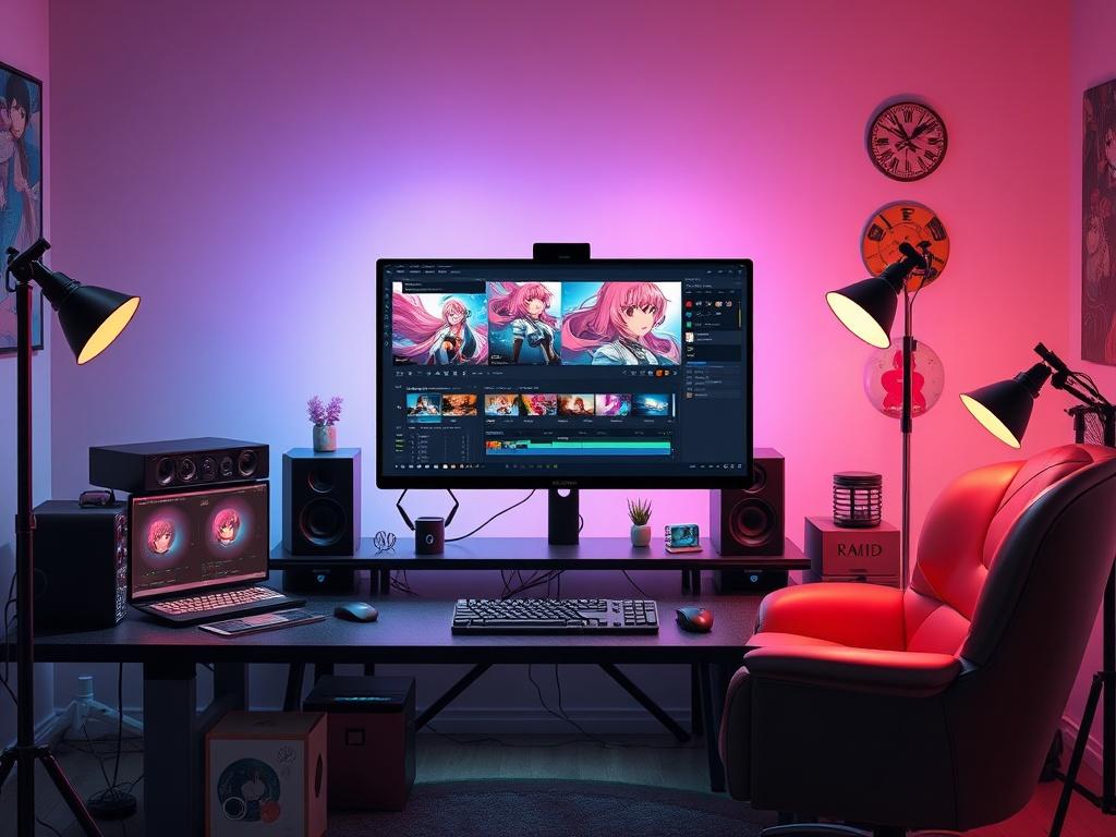 An artistic representation of a video editing workspace with a computer screen displaying an anime editing software interface, surrounded by various editing tools and colorful anime-themed decor. The design should be clean and vibrant, emphasizing the editing process in a modern studio.