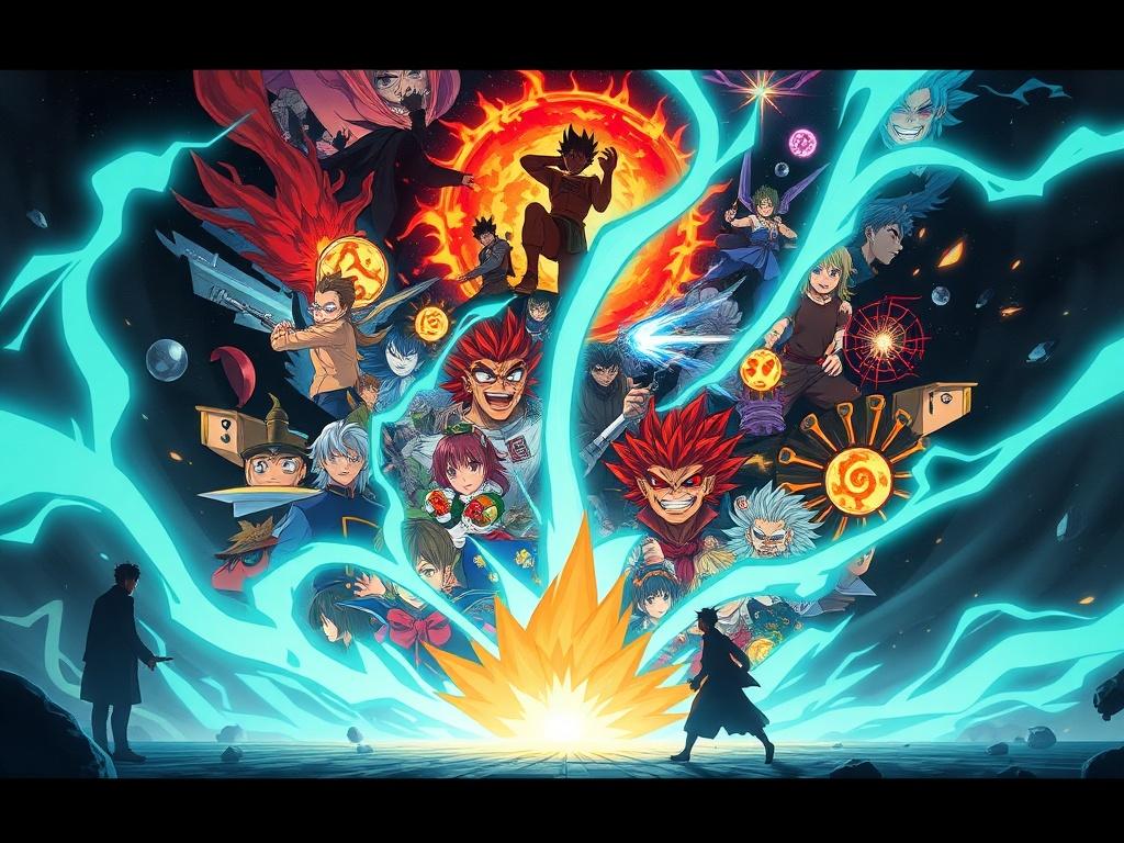 A dynamic scene showcasing a collage of anime scenes with vibrant colors, featuring iconic symbols from Jujutsu Kaisen, such as cursed energy and action sequences. The background should be minimalistic, with bold lines and a focus on essential elements to reflect the energy of the anime.