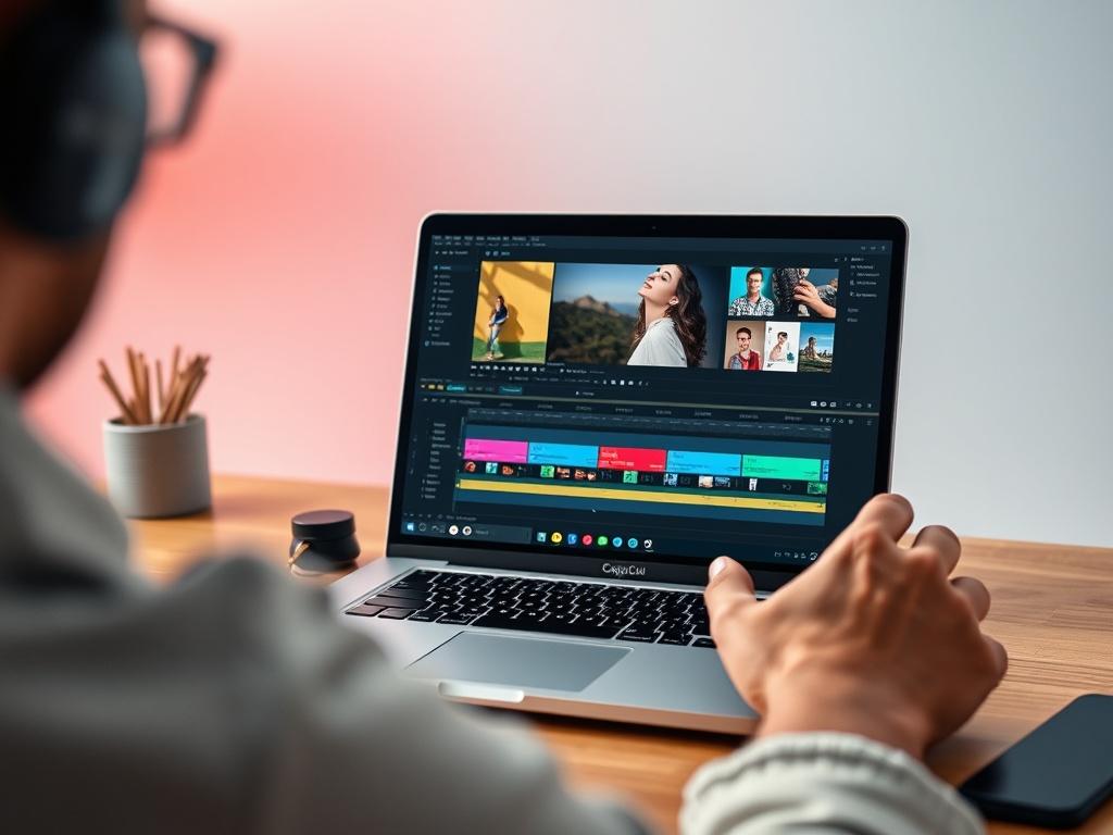 A close-up of a person editing a video on a laptop using CapCut software. The screen shows a vibrant video timeline with colorful clips and editing tools. The background is minimalistic and clean, emphasizing the editing process. The image should have bold, vibrant colors, focusing on the laptop and the editing interface, with soft lighting that highlights the creative atmosphere.