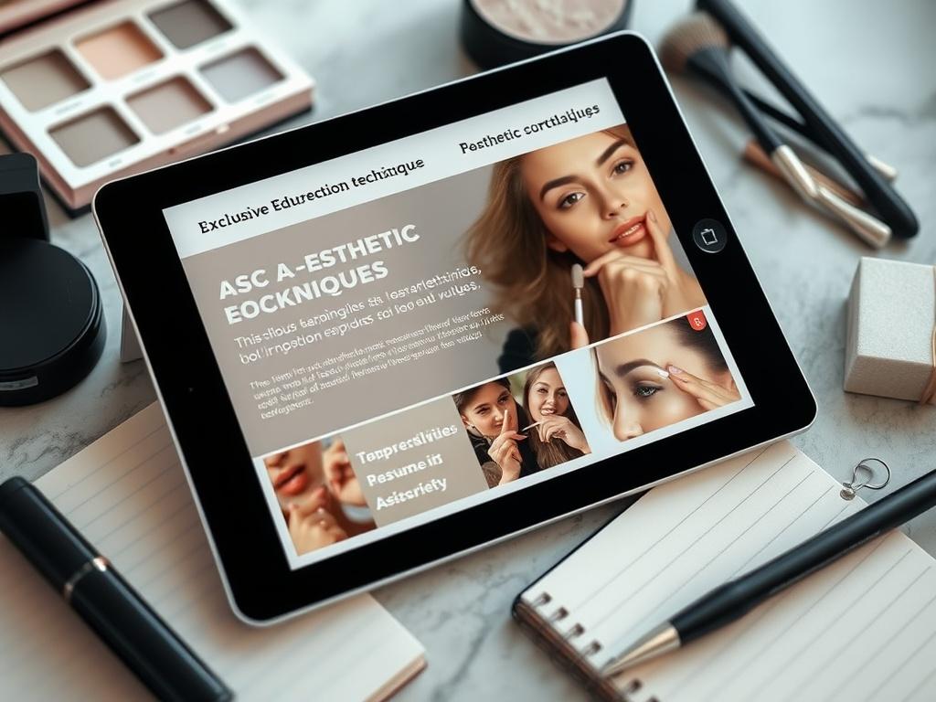 An engaging close-up of a digital tablet displaying exclusive educational content related to aesthetic correction techniques, surrounded by beauty tools and a notepad. The image captures the essence of modern learning in aesthetics.