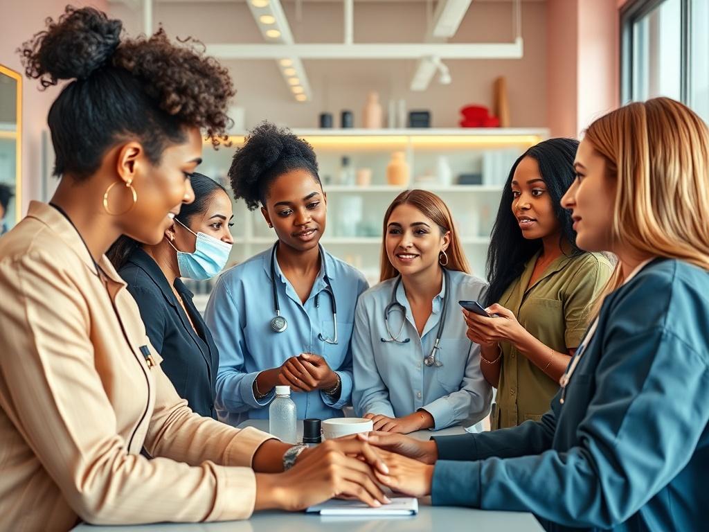 A vibrant scene showing a diverse group of beauty professionals engaged in a collaborative discussion during a masterclass session, with a focus on sharing knowledge and experiences. The setting is bright and welcoming, with modern aesthetic tools in the background.