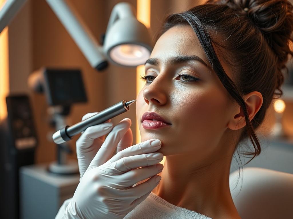 A close-up shot of a confident and skilled beauty professional demonstrating advanced aesthetic correction techniques on a client in a modern beauty studio. The background features sleek, contemporary equipment and a warm, inviting atmosphere, emphasizing professionalism and comfort.