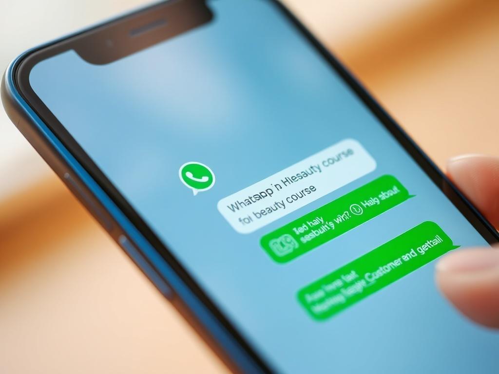 A close-up shot of a WhatsApp chat interface on a smartphone screen, displaying an active conversation about a beauty course. The background should be bright and engaging, emphasizing quick communication and customer service.