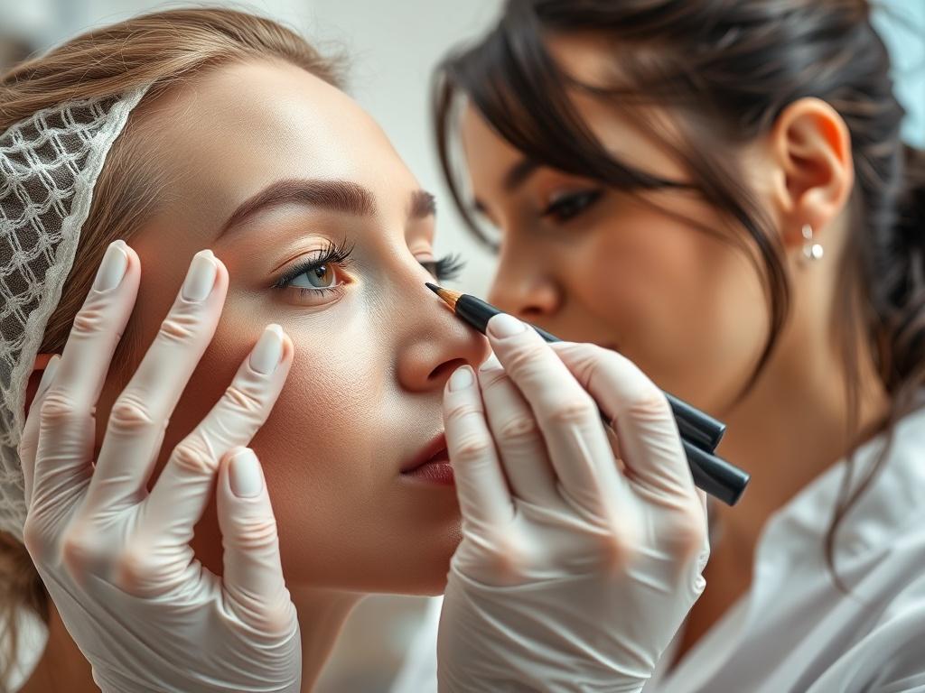 A close-up shot of a female aesthetician carefully applying camouflage makeup on a model's face in a bright, modern clinic. The background should have soft colors and a professional atmosphere, emphasizing the skill and focus of the aesthetician.