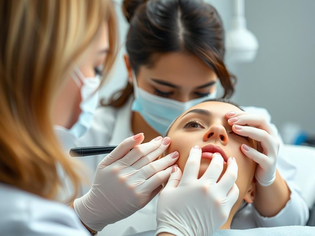 A realistic high-resolution photo of a female professional in a clinical setting, applying camouflage techniques on a patient's skin. The background should be softly blurred, focusing on the interaction between the therapist and the patient. The lighting should be bright and inviting, reflecting a clean and modern aesthetic environment.
