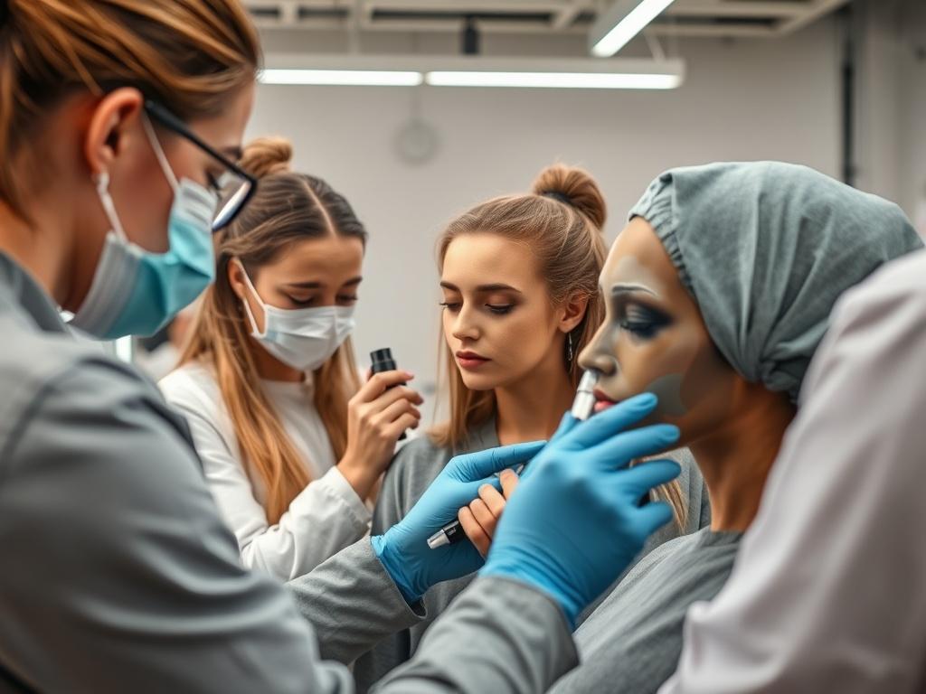 A professional setting showing a group of aesthetic students engaged in a certification class, working with various camouflage products on models. The atmosphere should be dynamic and focused, highlighting interaction and teamwork in a modern training environment.
