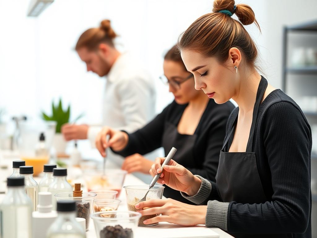A realistic high-resolution image of a practical workshop in a modern aesthetic studio, showcasing professionals actively mixing ingredients for nutricosmetic treatments, with focused expressions and a well-organized workspace.