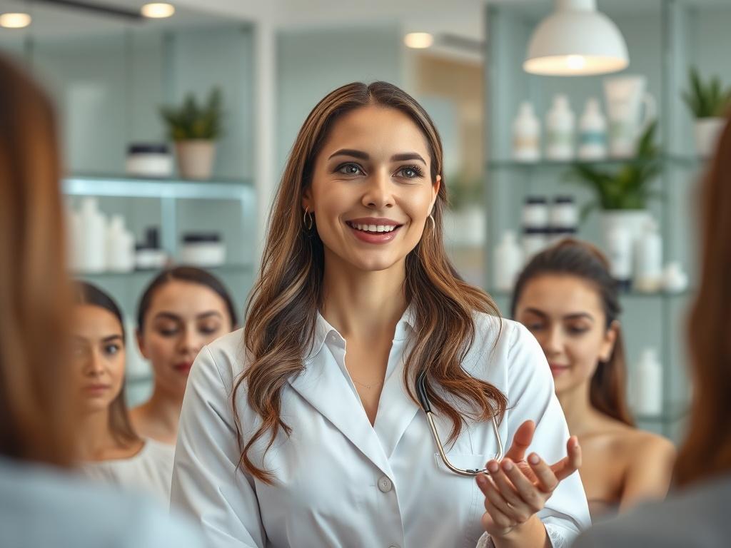 A realistic high-resolution photo of a professional female educator in a modern aesthetic clinic, surrounded by high-tech skincare products and supplements, with a warm and inviting atmosphere, focusing on the educator's engaging expression while teaching a small group of attentive students.