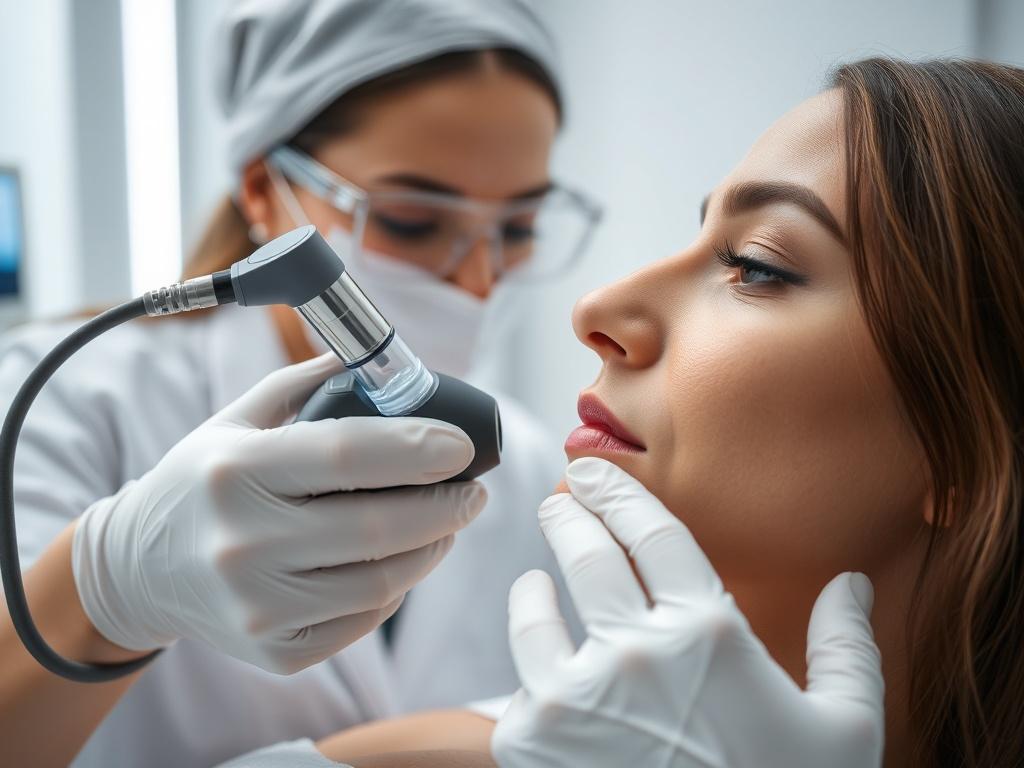 A detailed, hyper-realistic image of a beauty professional using a laser device on a client's skin in a modern clinic setting, focusing on the precision of the treatment. The background should be clean and professional, emphasizing the technological aspect of aesthetic treatments, while harmonizing with the #CFB07C primary color.