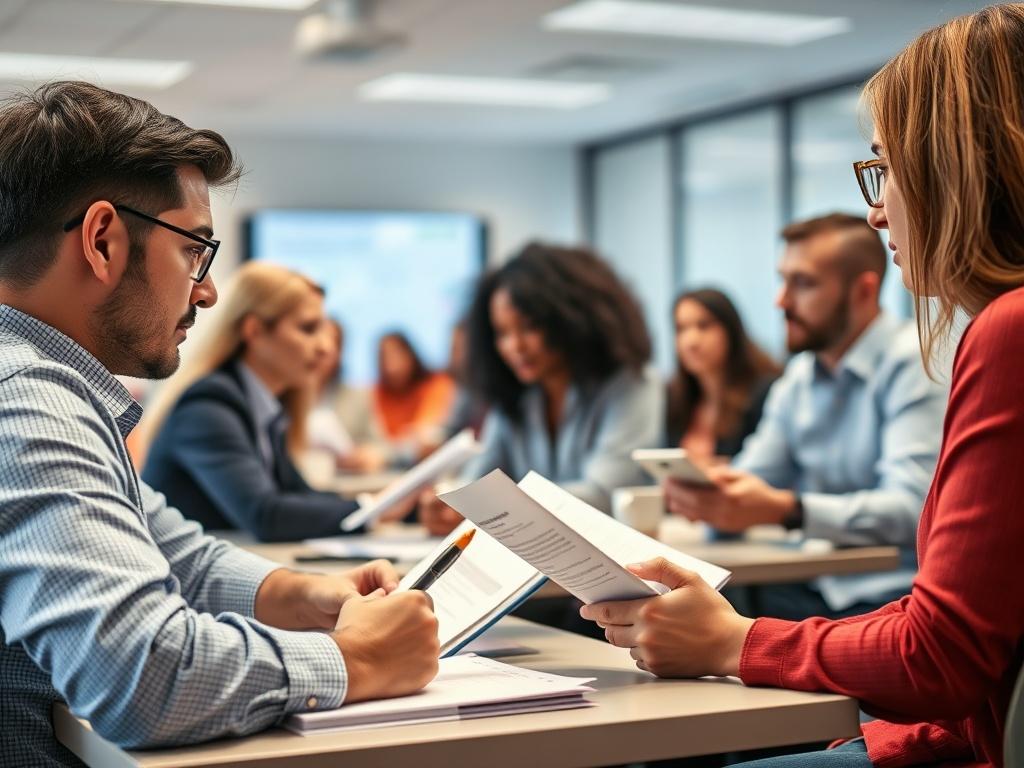 A high-resolution photo capturing a lively classroom setting where professionals are engaged in a certification training, with focus on diverse participants actively discussing and taking notes, set in a bright, modern learning environment.