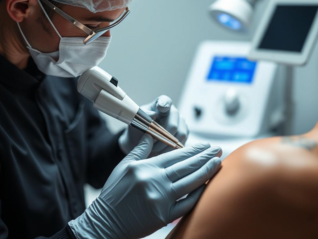 A close-up shot of a professional tattoo removal procedure in a modern aesthetic clinic. The image should focus on a trained technician using advanced laser equipment on a client's skin, showcasing a clean and sterile environment. The technician is carefully targeting a tattoo on the client's arm, with visible laser equipment in the background. The lighting should be soft but clear, highlighting the professionalism and care involved in the process.