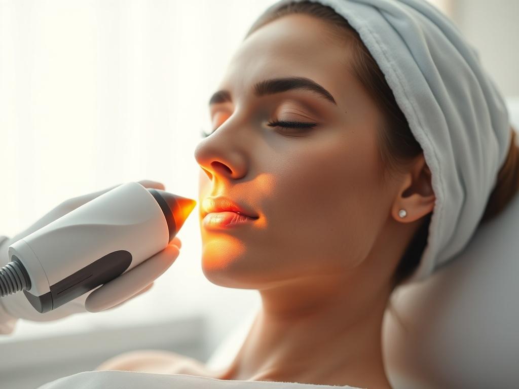 A close-up shot of a beautician performing a Carbon Laser treatment on a client's face in a modern aesthetic clinic. The focus should be on the laser device and the client's clear skin, showcasing the treatment process. The background should be soft and minimalistic, emphasizing a clean and professional environment. The lighting should be bright and warm, enhancing the feeling of a welcoming and high-end aesthetic space.