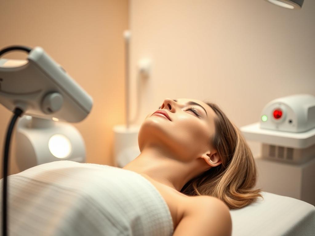 A realistic high-resolution photo of a woman receiving an electrotherapy treatment in a modern aesthetic clinic, with a focus on the equipment used in the procedure and the calm atmosphere of the room.