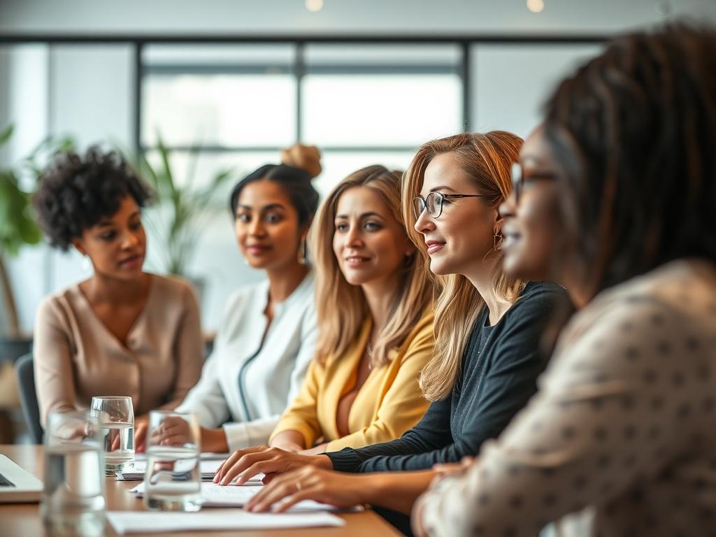 A realistic high-resolution photo of a group of women in a workshop setting, engaged in a leadership training session, showcasing collaboration and empowerment, with a modern decor in the background.