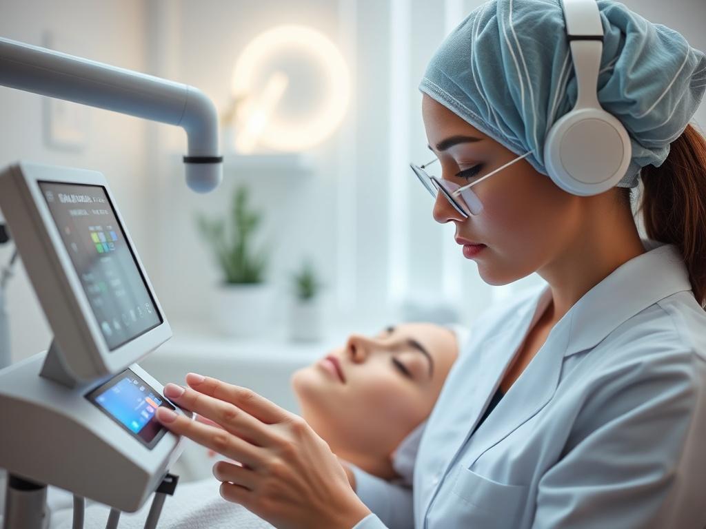 A professional aesthetician using advanced aesthetic equipment in a serene clinic environment. The image highlights the modern technology and its benefits, emphasizing the quality of service provided.