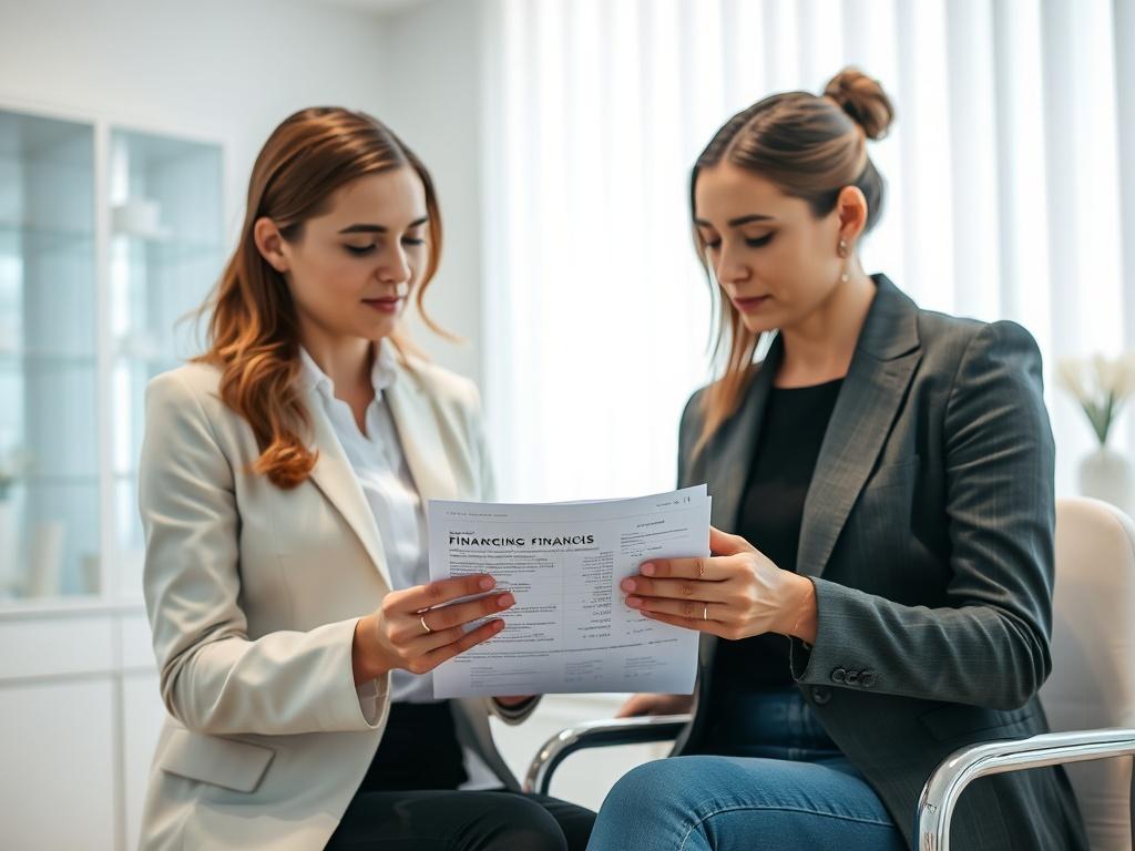 A close-up shot of a professional aesthetician reviewing financing documents with a client in a well-lit, modern aesthetic clinic. The atmosphere conveys professionalism and clarity.