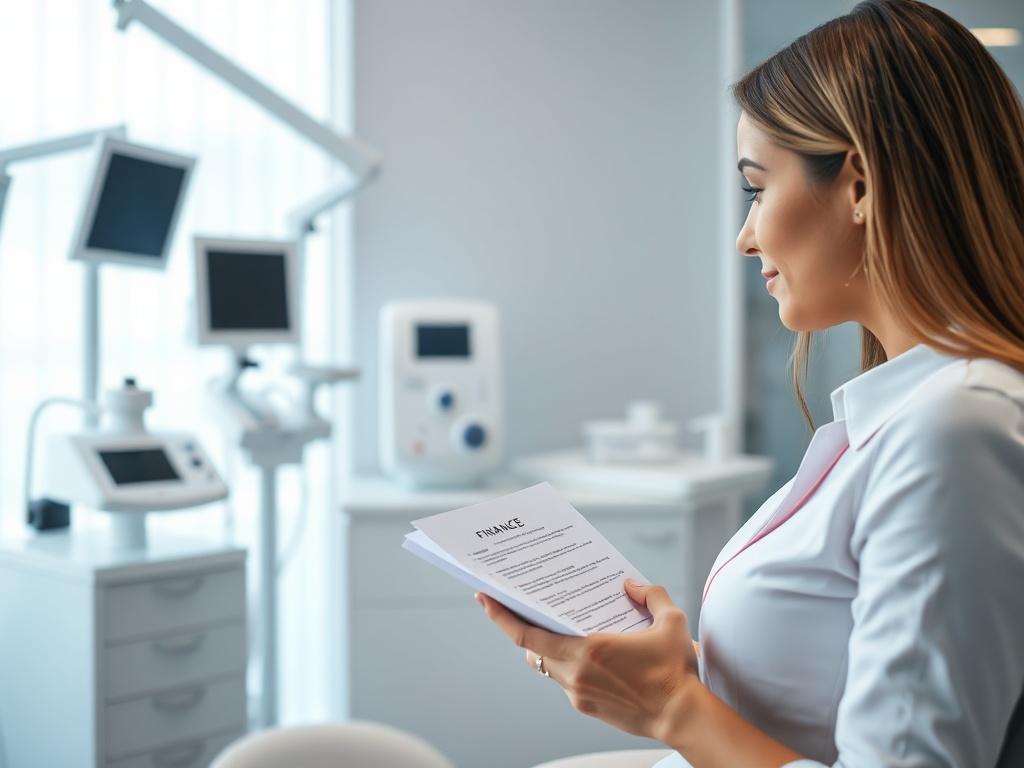 A close-up shot of a professional aesthetician discussing financing options with a client in a modern clinic setting. The background displays high-quality aesthetic equipment, creating an atmosphere of professionalism and trust.