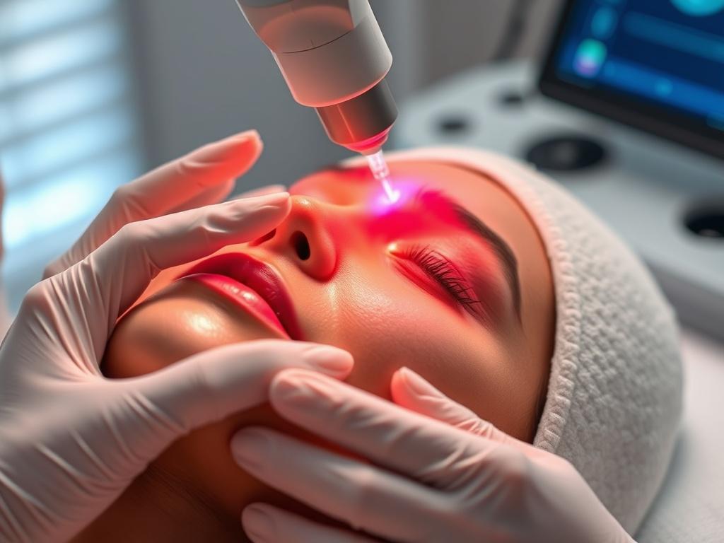 A close-up shot of an advanced laser treatment being performed on a client in a luxurious beauty clinic, highlighting the technology and the technician's skilled hands, captured with a 45mm f/1.2 lens.