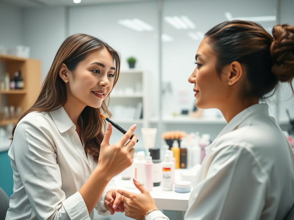 A close-up shot of a beauty instructor demonstrating a skin care technique to a student in a bright and modern classroom, with various beauty tools and products in the background, captured with a 45mm f/1.2 lens.