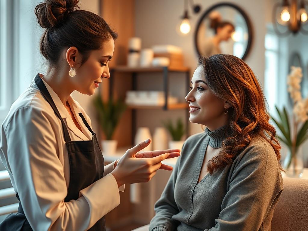 A close-up shot of a beauty professional consulting a client with care and respect, showcasing a warm and inviting consultation room, captured with a 45mm f/1.2 lens.