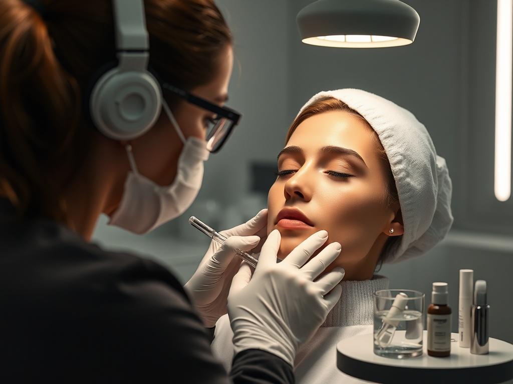 A focused close-up shot of a professional aesthetician demonstrating advanced correction techniques in a well-lit, modern training space, showcasing tools and products related to aesthetic correction, with a clean background.
