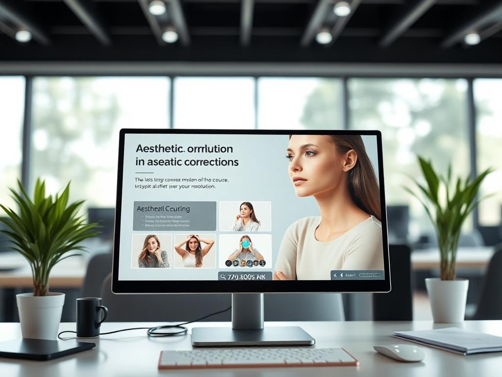 A visually appealing close-up of a computer screen displaying an exclusive online course module on aesthetic correction, highlighting interactive elements with a clean and professional workspace in the background.