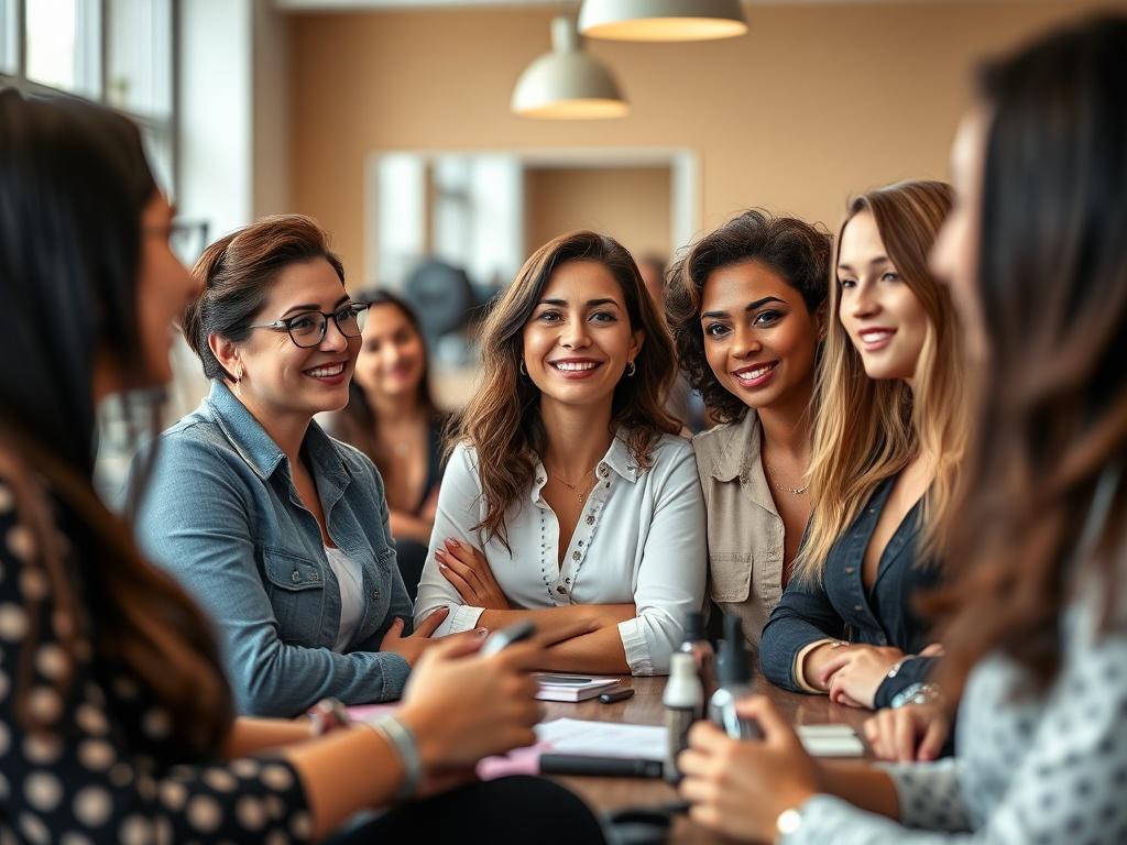 A close-up shot of a group of diverse beauty professionals networking during a workshop, engaging in discussions with enthusiasm, set in a bright and inviting training environment.