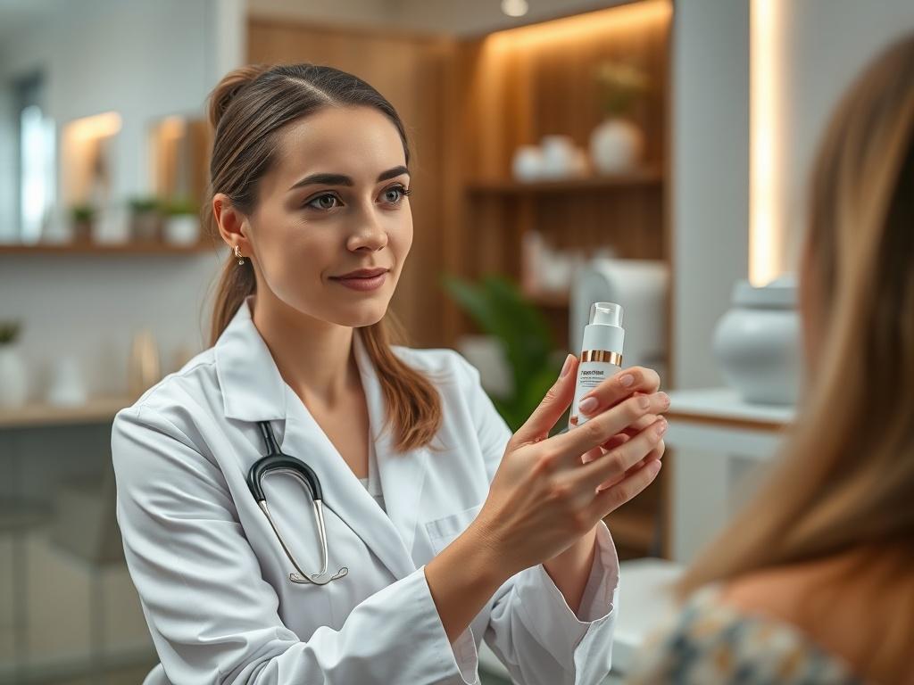 A close-up shot of a professional aesthetician in a modern clinic setting, focused on a consultation with a client. The environment should reflect a calm and serene atmosphere, with elegant decor and advanced aesthetic technology in the background. The aesthetician is explaining a Nutricosmética concept, gesturing towards a sample product. Use warm, soft lighting to enhance the feeling of wellness and professionalism.