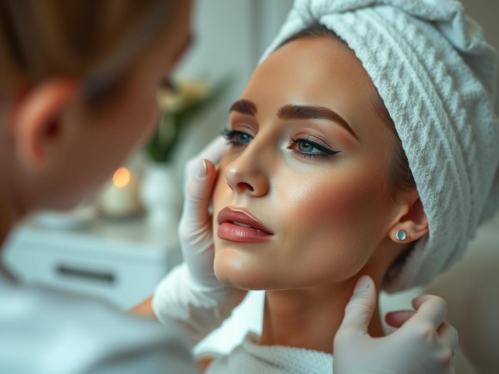 A close-up image of a beautician applying specialized camouflage makeup on a client's face in a softly lit, elegant spa environment. The focus is on the transformation of the client's skin, showcasing the skillful application and the natural finish. The background is minimalistic, emphasizing the procedure.