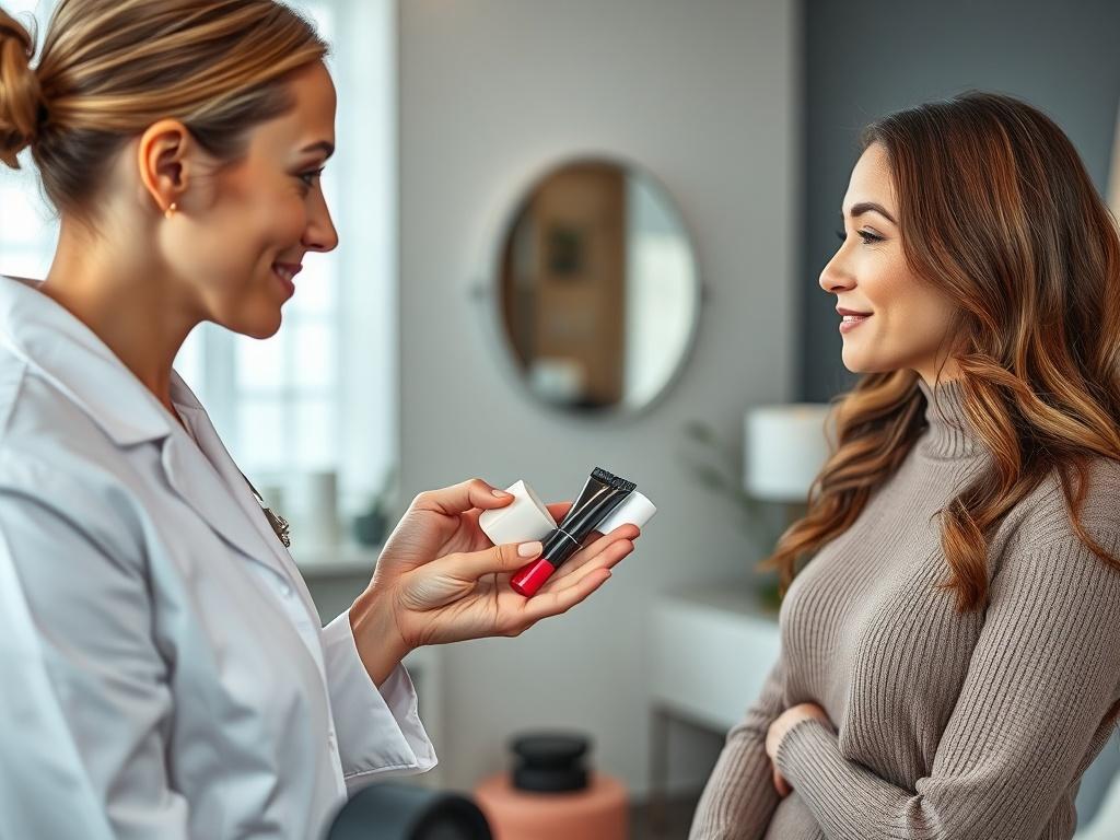 An image capturing a skincare consultant discussing camouflage options with a client in a serene and modern consultation room. The consultant is showing product samples, while the client listens attentively, showcasing a friendly and professional atmosphere.