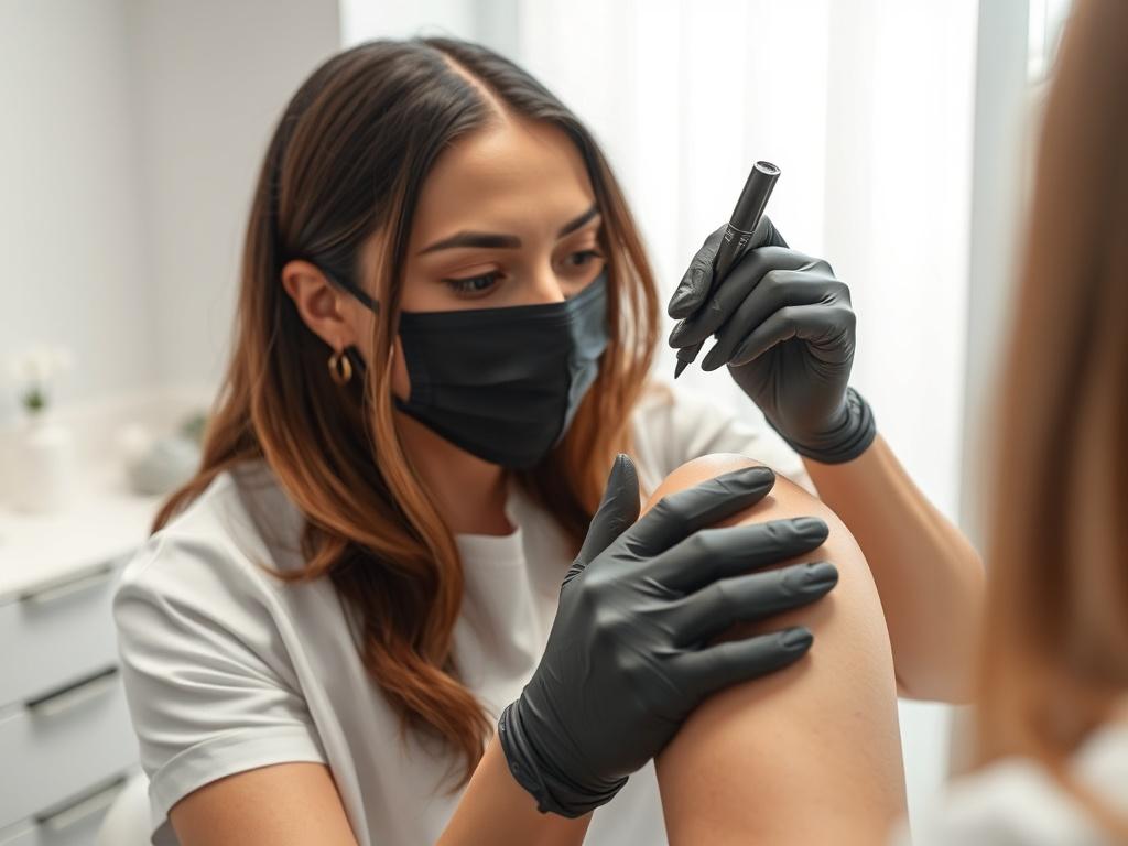 A close-up shot of a skincare professional applying advanced medical camouflage treatment on a client's arm in a modern aesthetic clinic. The setting is calm and professional, with soft lighting and clean lines. The focus is on the application of the treatment, showcasing the professional's skill and the client's skin before and after the treatment.