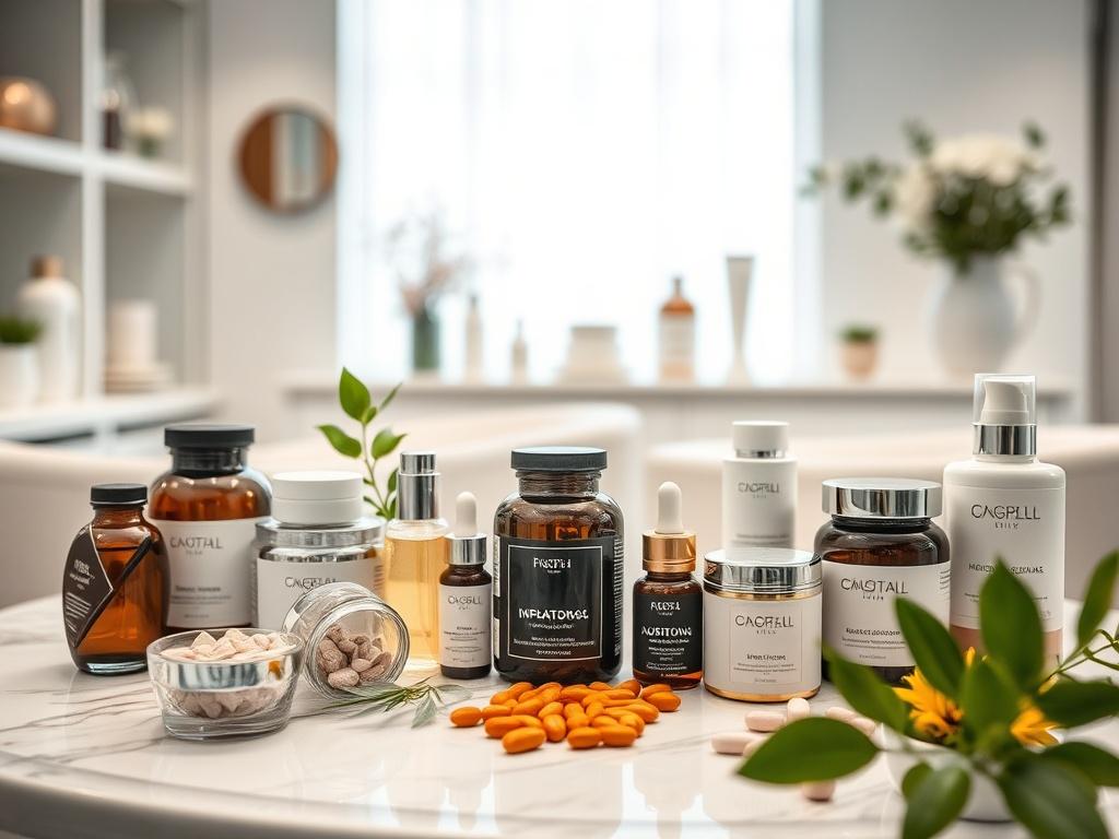 A close-up shot of a beautifully arranged table with nutritional supplements and skincare products, set in a luxurious aesthetic clinic environment. The image captures the essence of holistic beauty and wellness, surrounded by soft lighting and elegant décor.