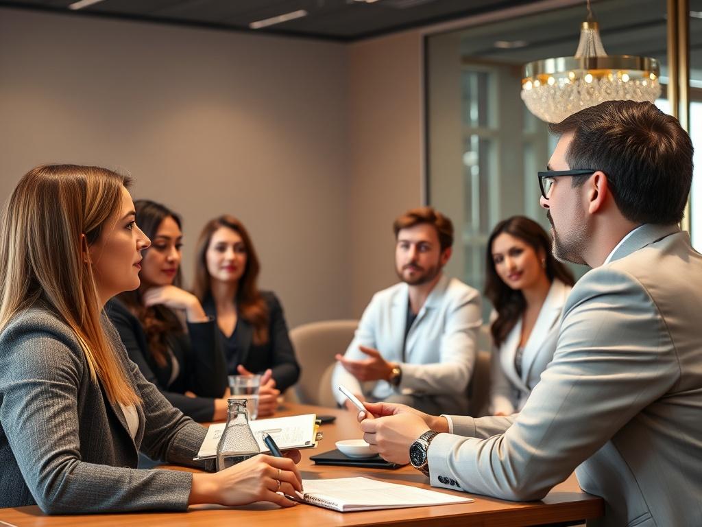 A close-up shot of a group of aesthetic professionals engaged in a leadership workshop, surrounded by elegant décor in a modern training room. The focus is on a confident speaker presenting ideas, with attentive participants taking notes, showcasing a collaborative and inspiring environment.